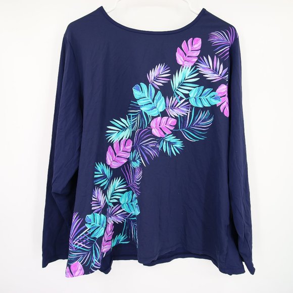 Lands' End Other - NWOT Lands End Navy Blue Purple Floral Palm Leaf Round Neck Long Sleeve Size 2X